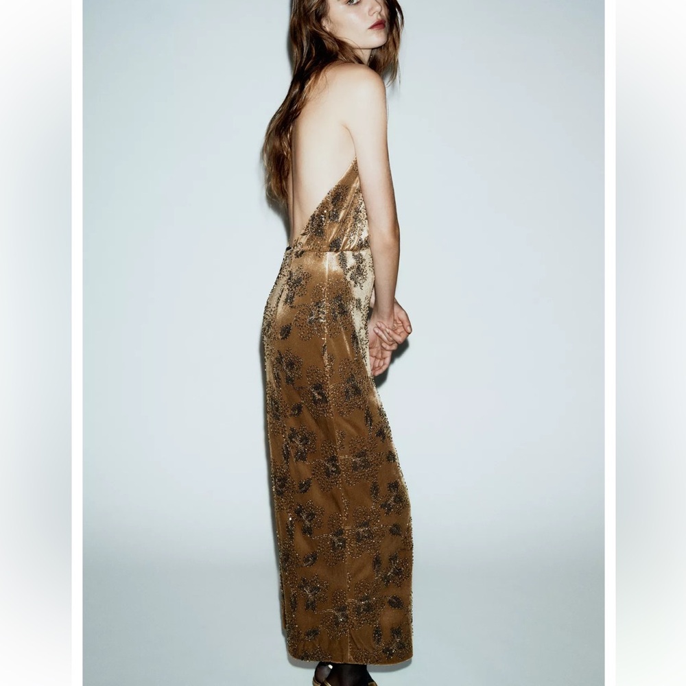 Zara NWT midi halter velvet and floral sequin dress - Picture 5 of 13
